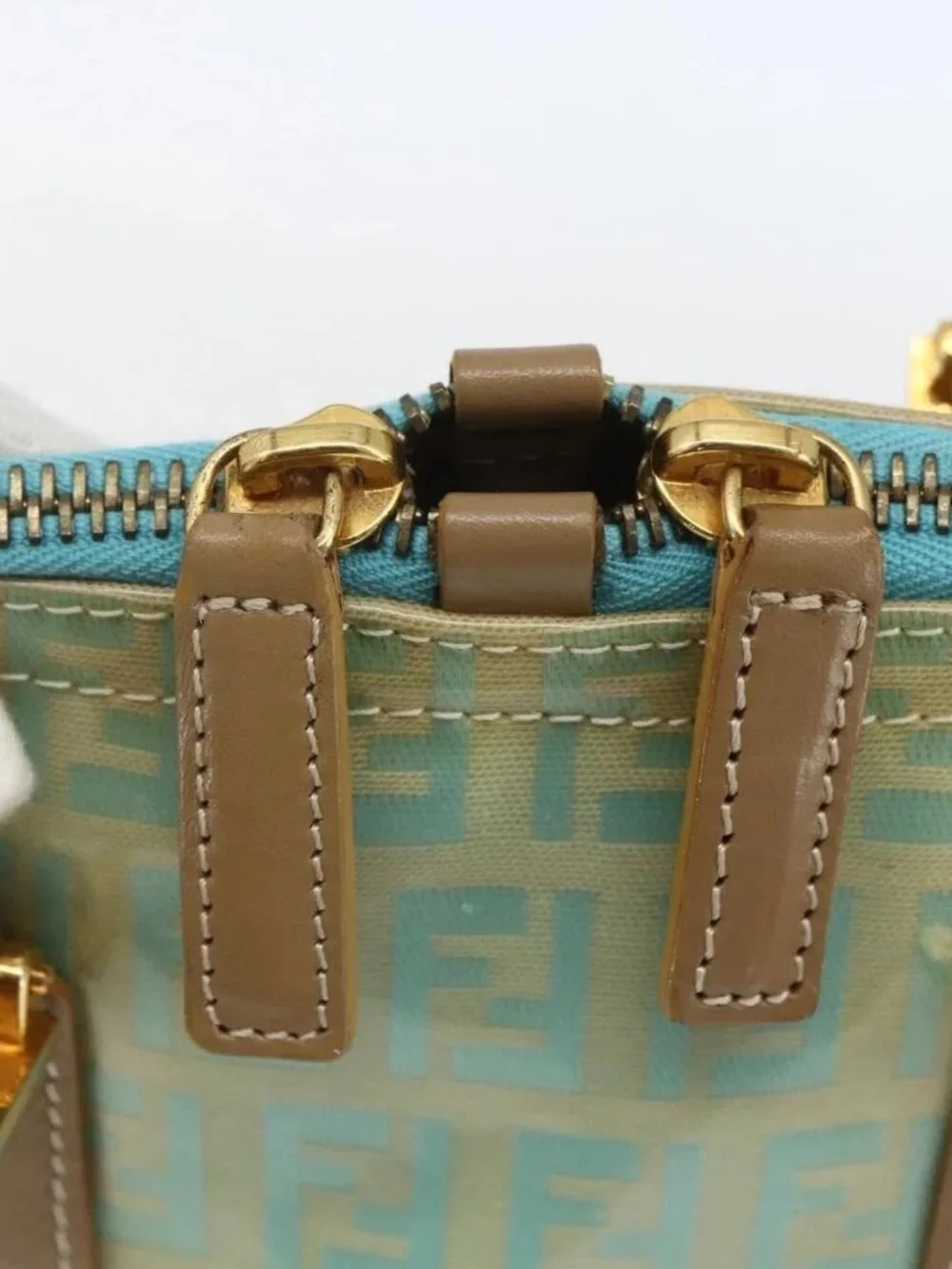FENDI Zucchino Canvas Hand Bag Enamel Light Blue Gold Auth 159738 - Picture 14 of 16